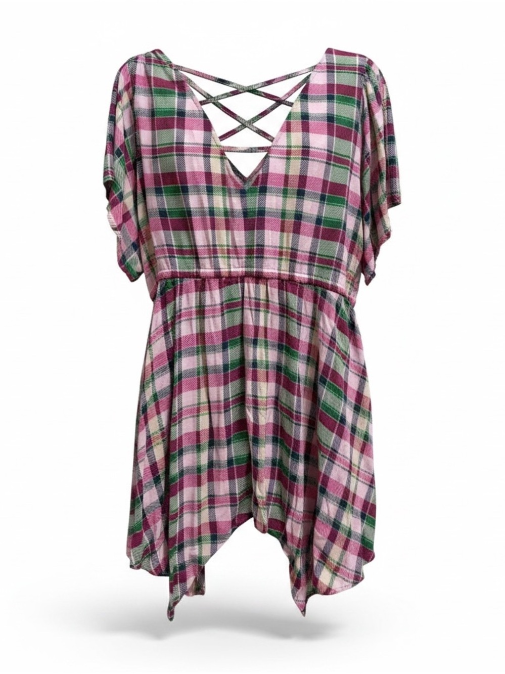 Torrid Size 2 Pink Green White Plaid Empire Waist Flutter Sleeve Handkerchief To